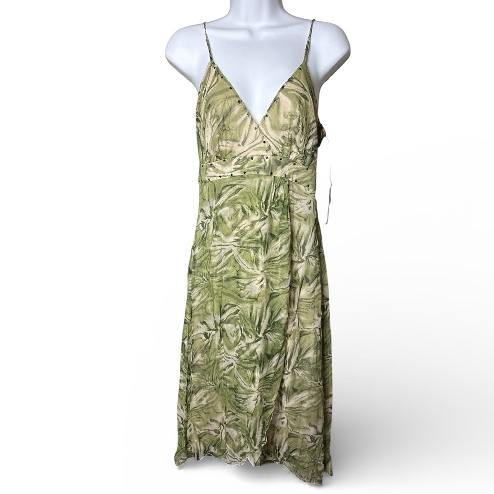 NWT Washable Silk Sundress Womens Size 6 Green Tropical Bling Y2K Vacation